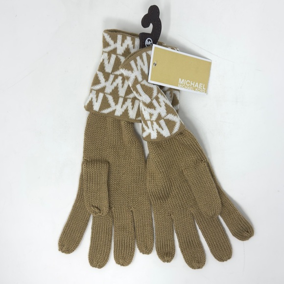NEW Michael Kors Tan Logo Knit Fold Over Gloves - Picture 3 of 7